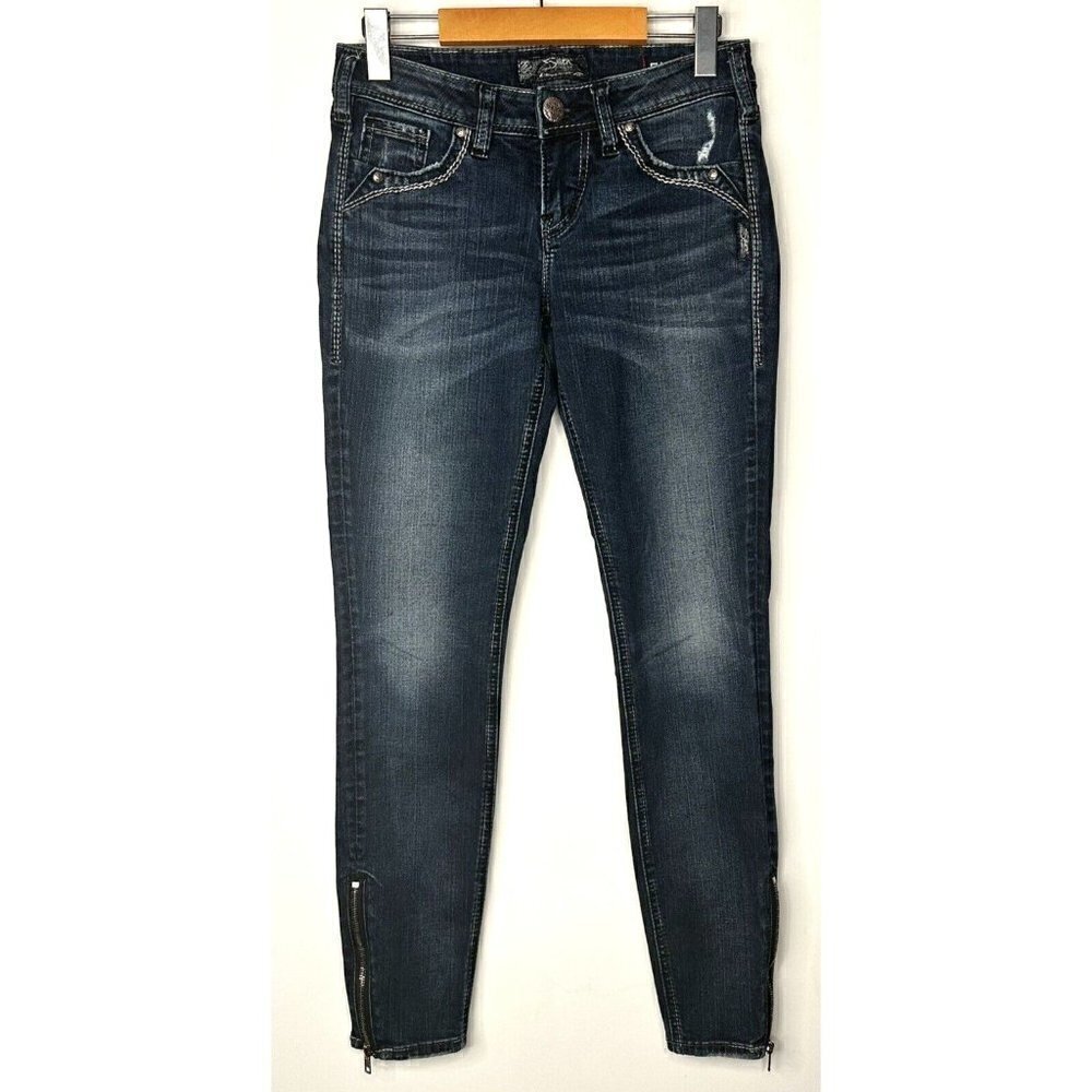Silver Jeans Aiko Mid Skinny Womens 26x29 Blue Zipper Hem Slim Stretch Denim